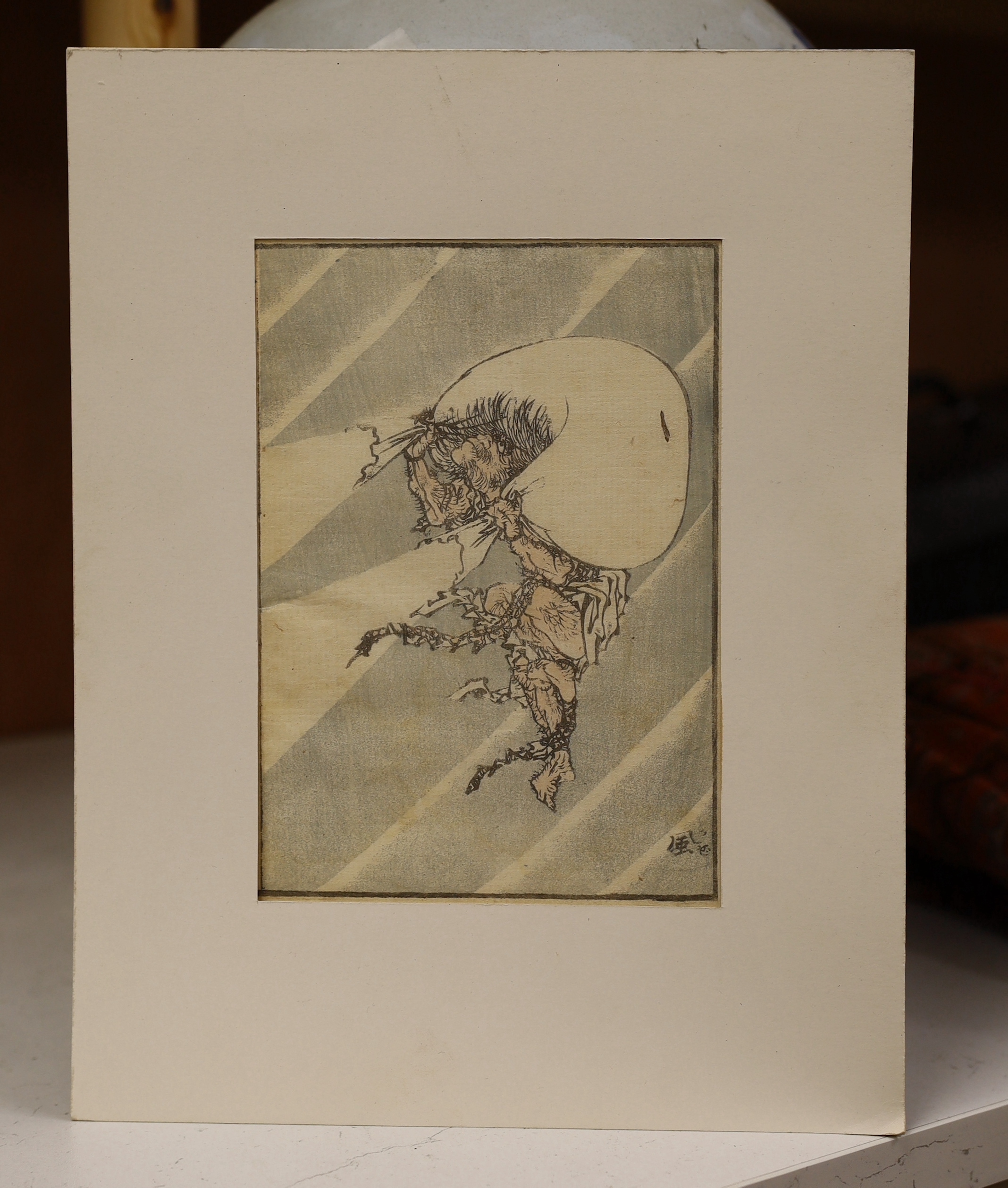 Hokusai, woodblock print, Figure holding a large sack, 18 x 12.5cm, unframed